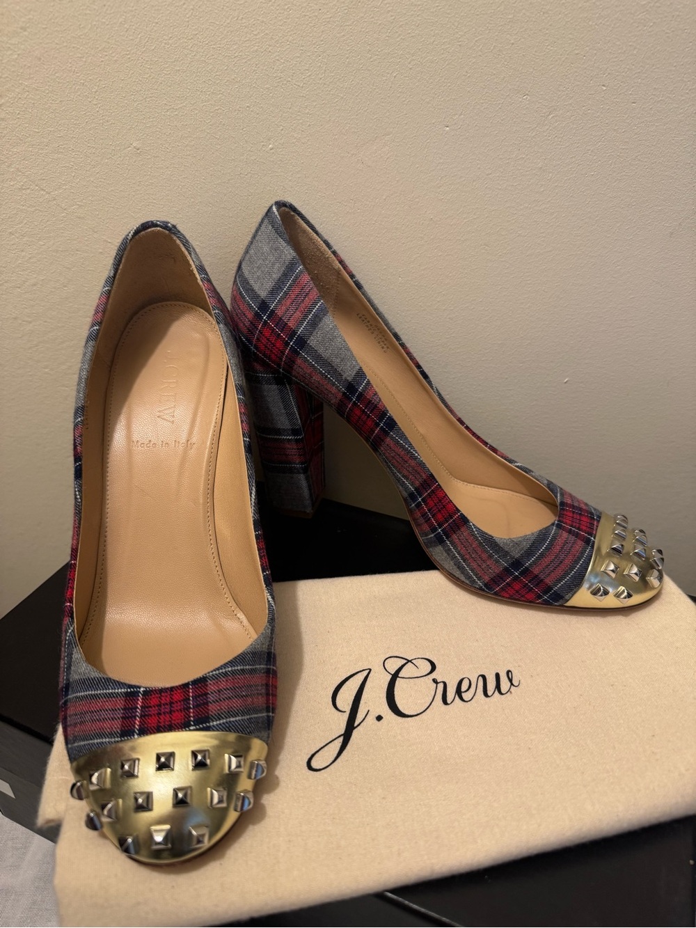 J.Crew Collection Etta Red Grey Plaid Studded Cap Toe Pumps EUC 8 Made in Italy